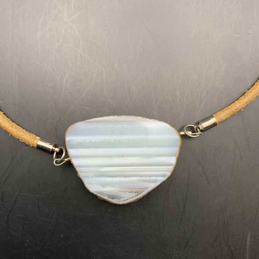 Gray Agate Geode Slice Pendant Necklace Leather Cord Boho Gemstone